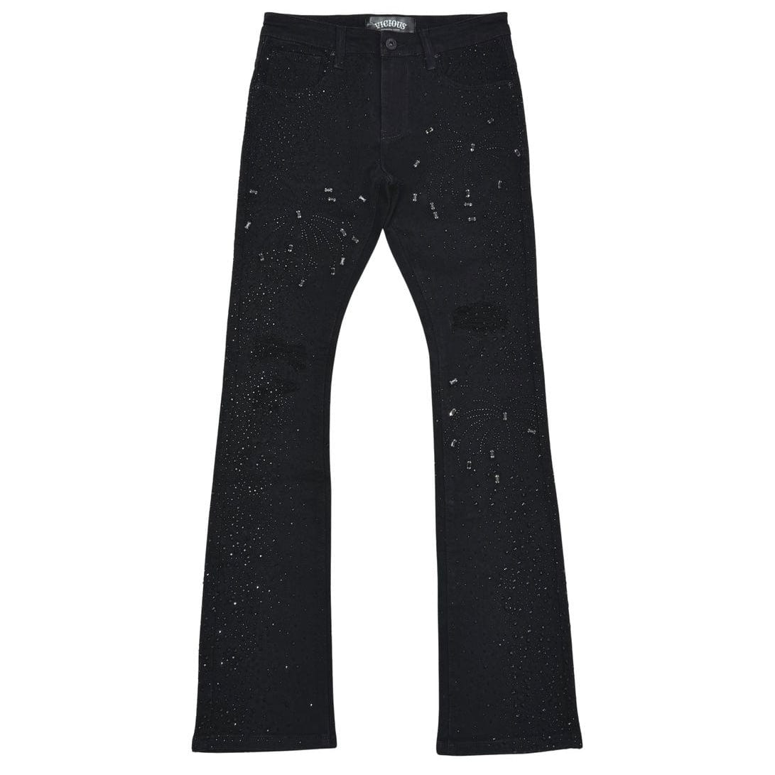 Vicious Denim Embellished Rhinestone Flared Denim (Black) VC951