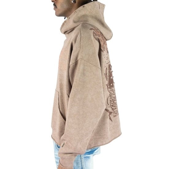 R3bel Denim Sinner Rhinestone Cropped French Terry Hoodie (Brown) 652-365