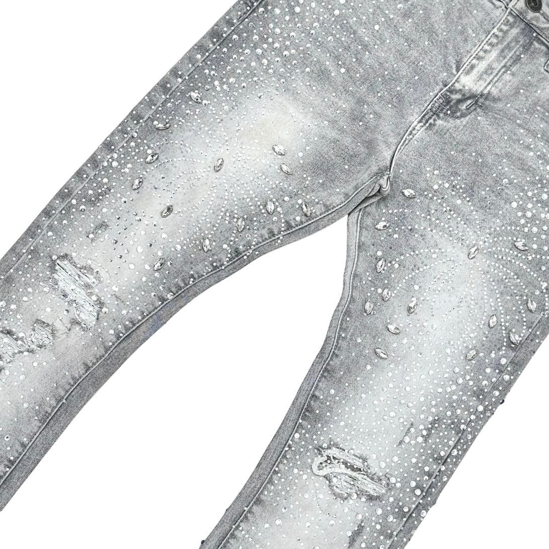 Vicious Denim Embellished Rhinestone Flared Denim (Light Grey) VC951