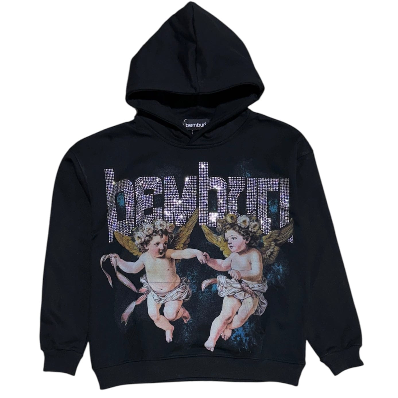 Bemburi Double Angel Rhinestone Lettered Hoodie (Black)