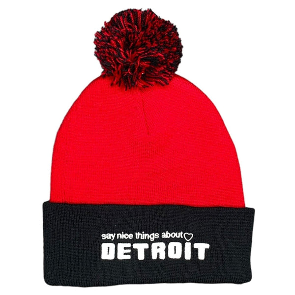 Ink Detroit Say Nice Things About Detroit Pom Pom Beanie (Red)