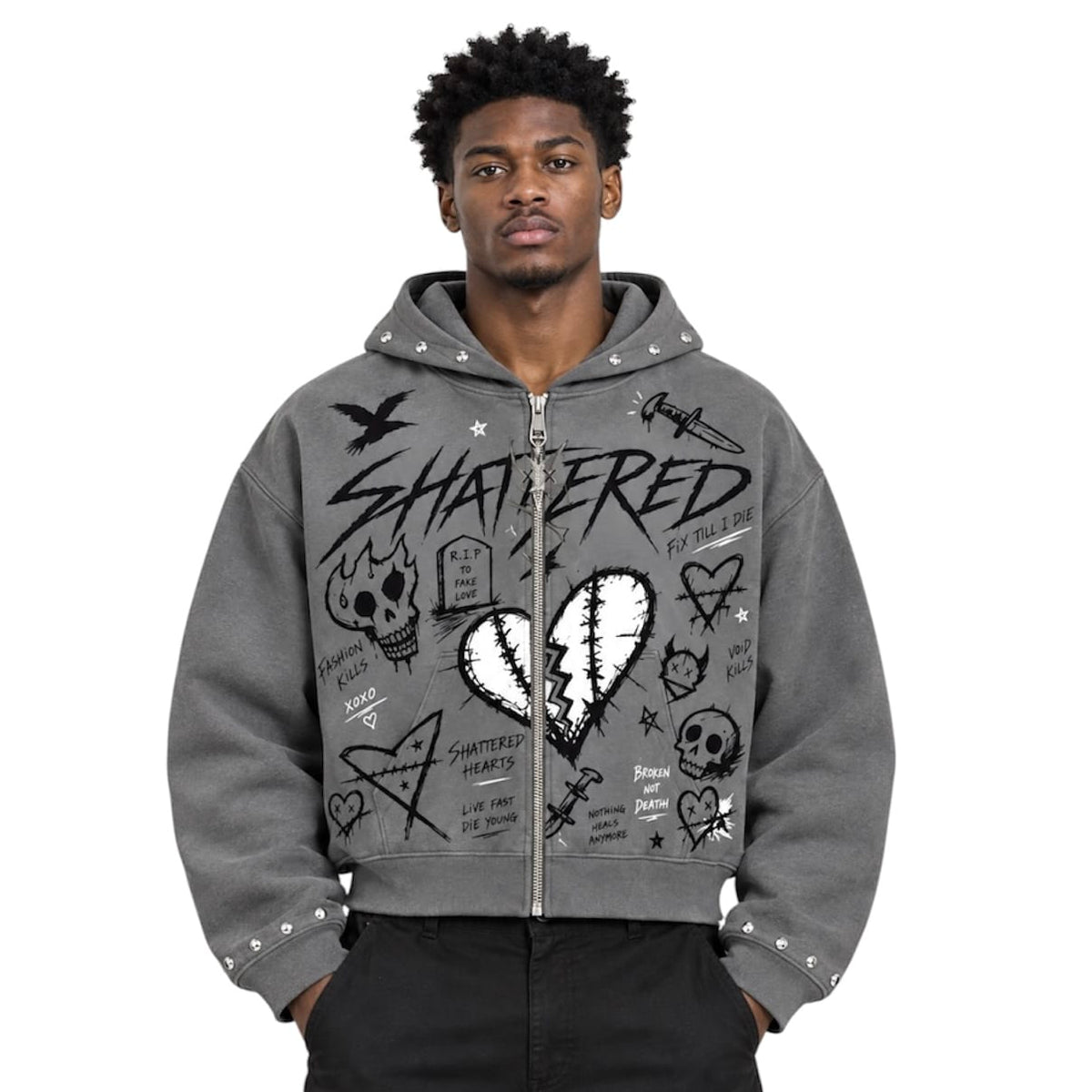 Shattered Hearts Doodle Hoodie (Gray)