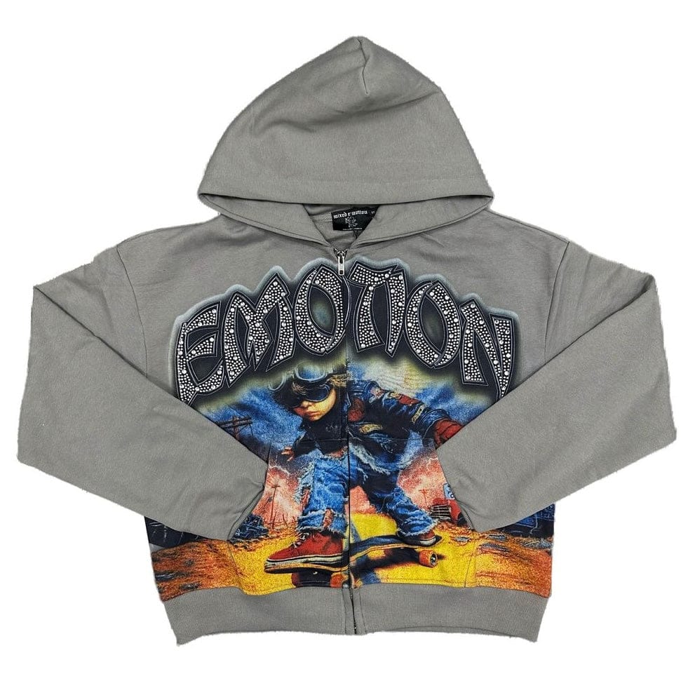 Mixed Emotion Last Ride Rhinestone Hoodie (Grey)