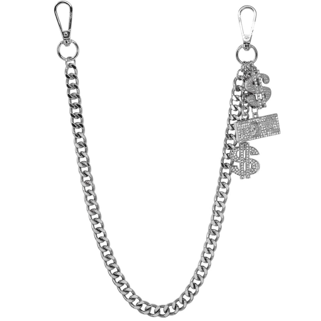Jewelry Essentials Iced Out Dollar Charms Cuban Pant Chain (Silver)