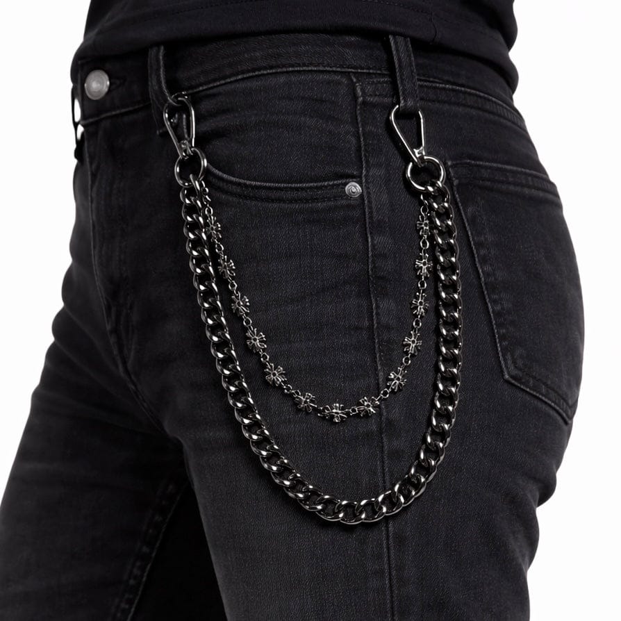 Jewelry Essentials Cross with Cuban Double Link Pant Chain (Black) BKC-215BK