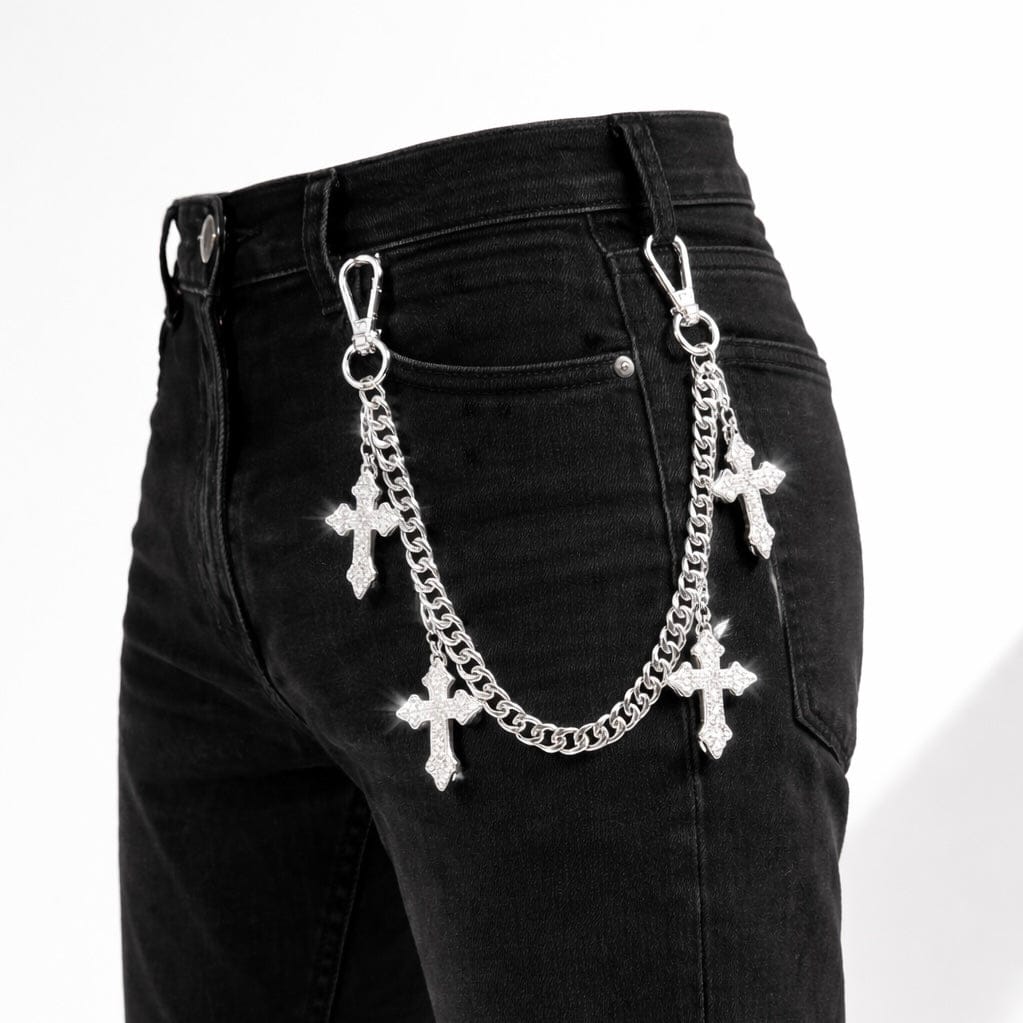 Jewelry Essentials Iced Out 4 Cross Cuban Pant Chain (Silver)