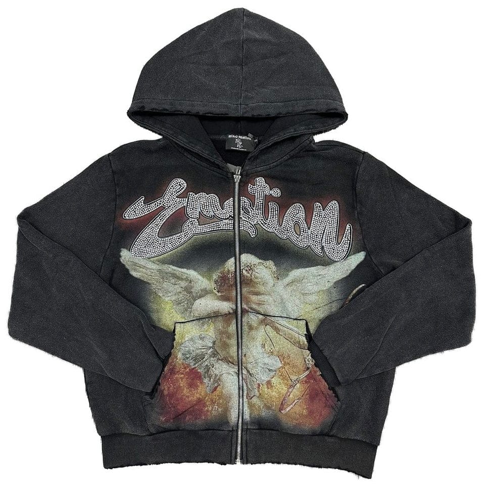 Mixed Emotion Bow Acid Wash Rhinestone Hoodie (Black)