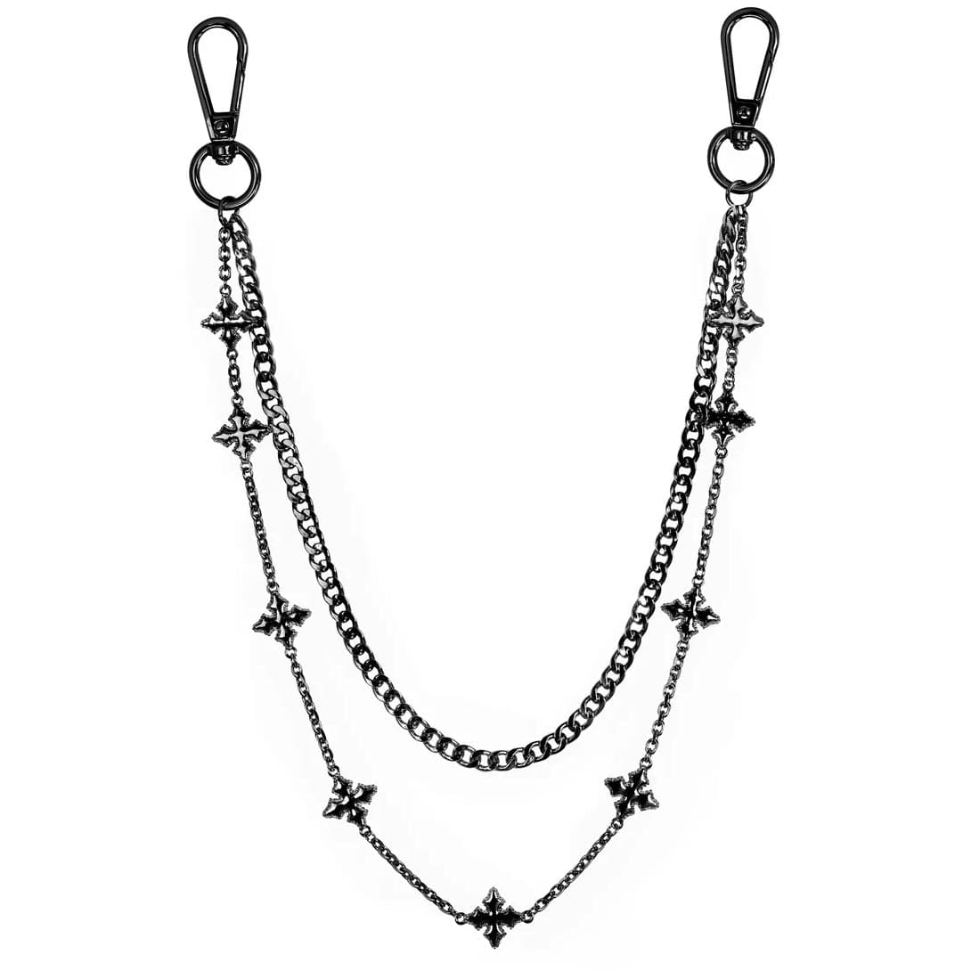 Jewelry Essentials Double Layered Silver Cross Pant Chains (Black) BKC-202BK