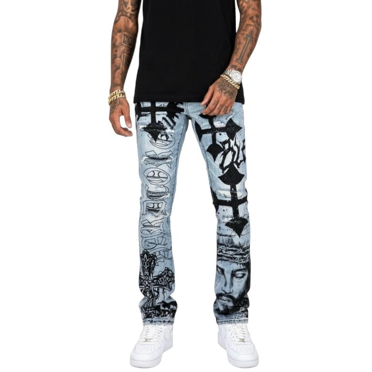 Vicious Denim Premium Flared Artwork All Over Denim (Light Blue) VC1135