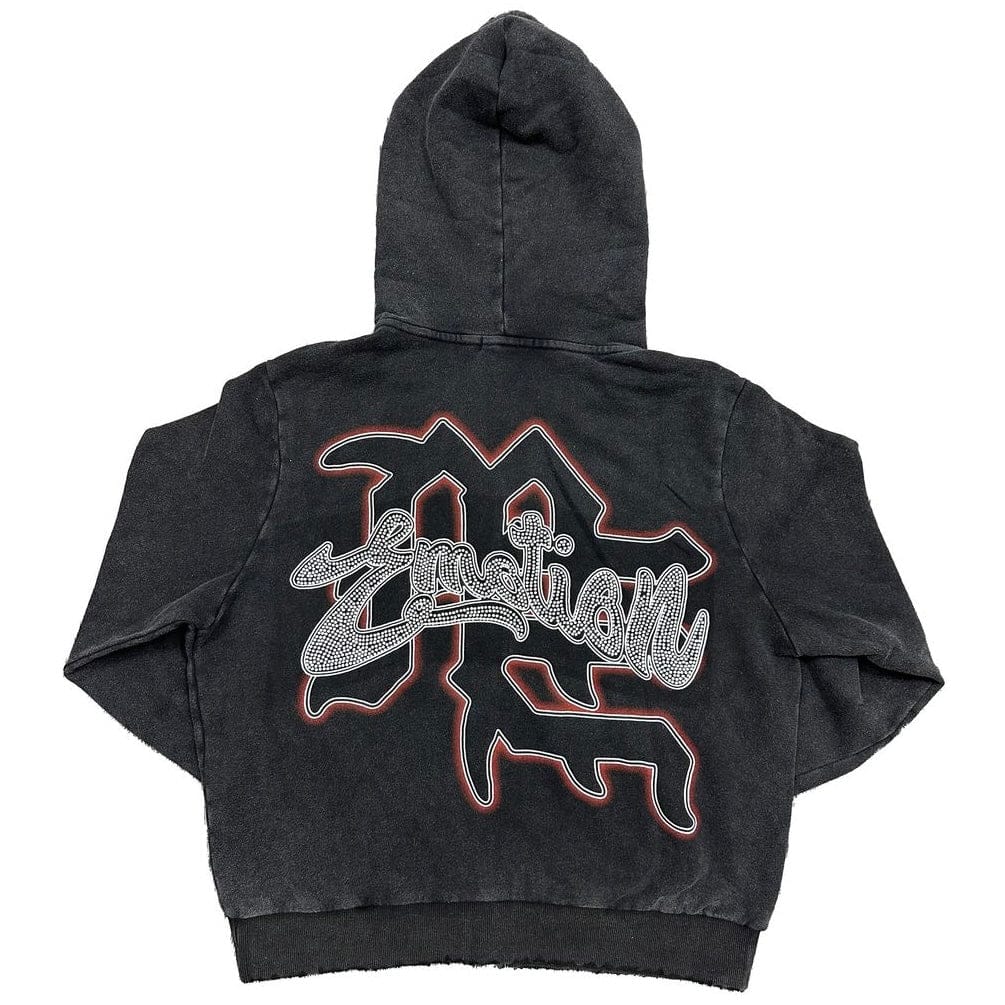 Mixed Emotion Bow Acid Wash Rhinestone Hoodie (Black)