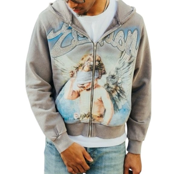 Mixed Emotion Eye Covered Angel Rhinestone Hoodie (Grey)