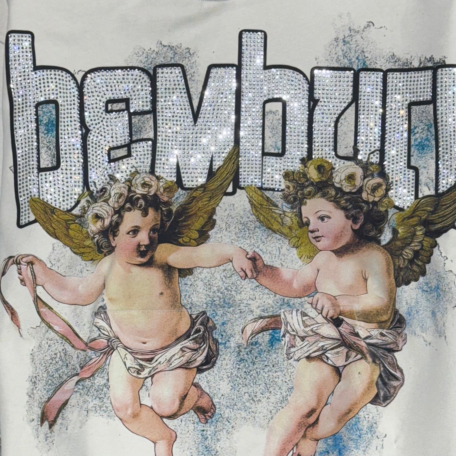 Bemburi Double Angel Rhinestone Lettered Hoodie (Cream)