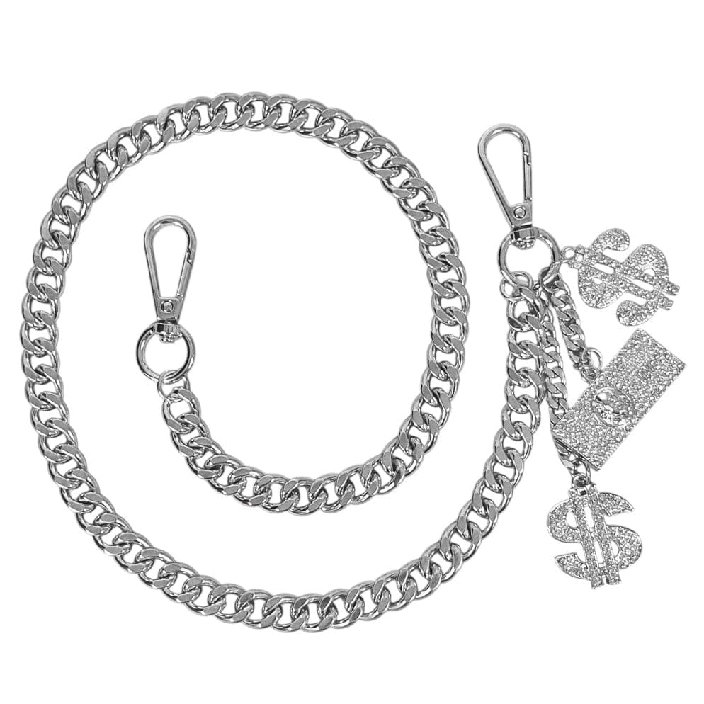 Jewelry Essentials Iced Out Dollar Charms Cuban Pant Chain (Silver)