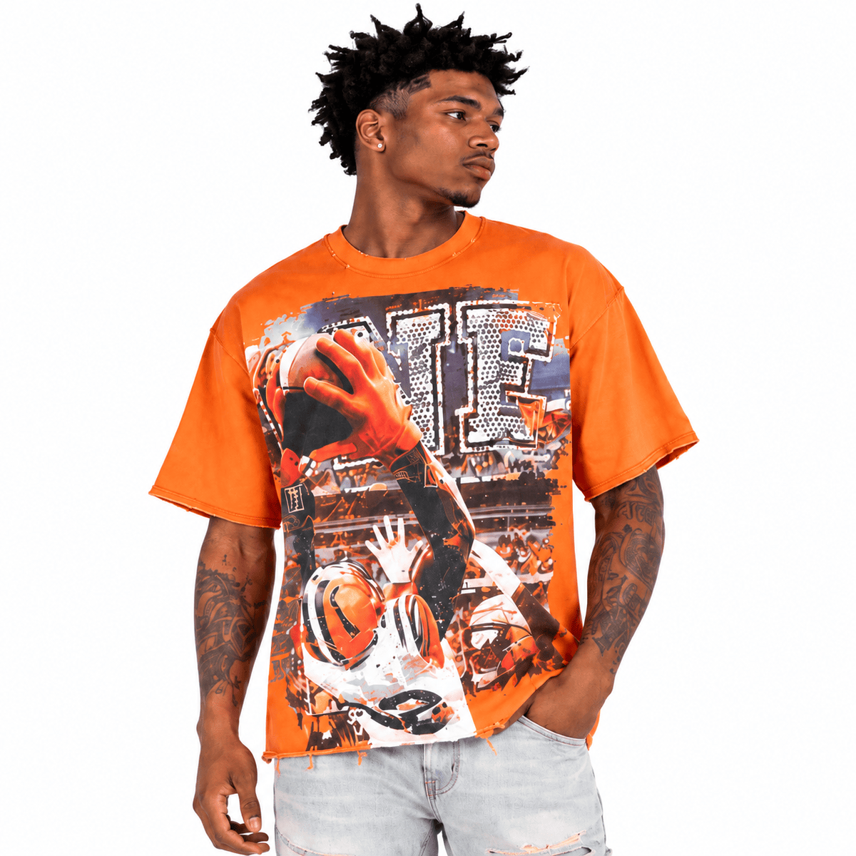R3bel Denim Hot Only One French Terry Rhinestone Tee (Orange)