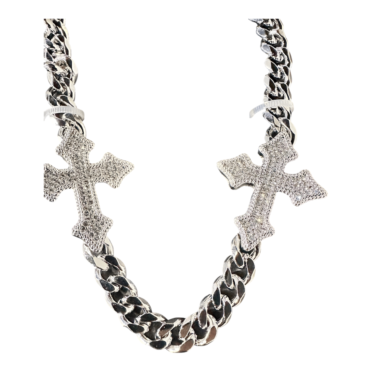Jewelry Essentials Iced Out 4 Cross Cuban Pant Chain (Silver)