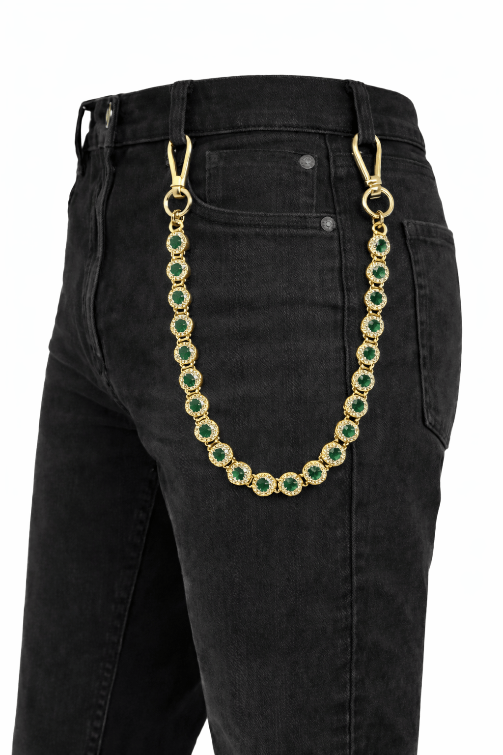 Jewelry Essentials Iced Round Pant Chain (Gold/Green) BKC-944G