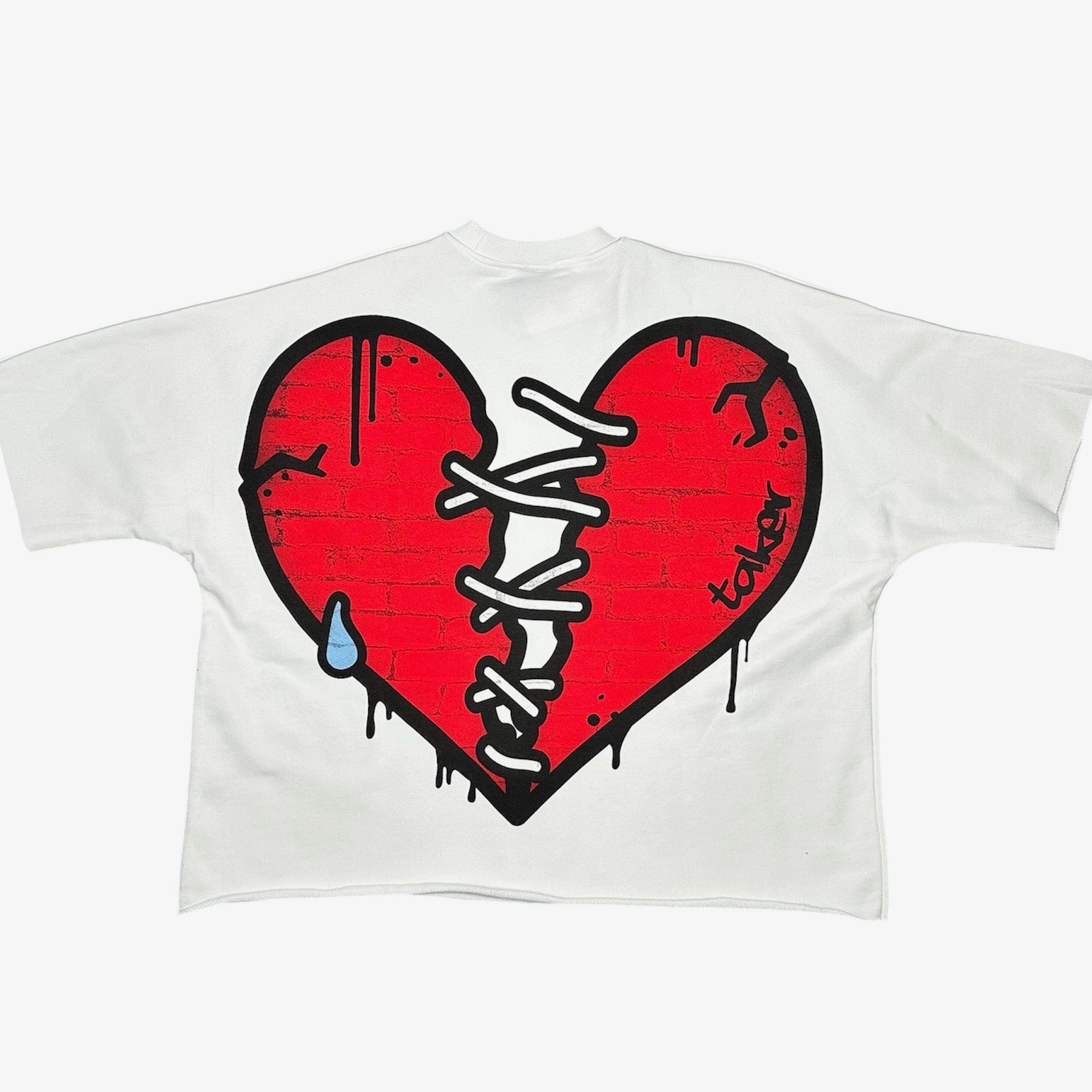 Taker Stitched Heart Big Face Print Oversized SS Tee (White/Red) TS573