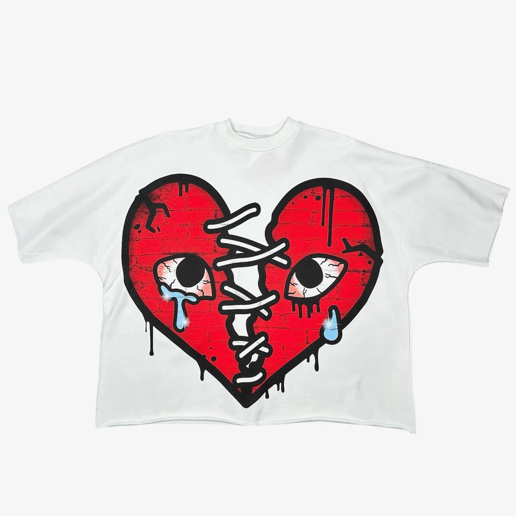 Taker Stitched Heart Big Face Print Oversized SS Tee (White/Red) TS573