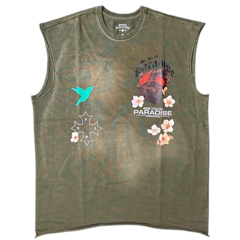 See You In Paradise Cutoff Digital Foil Print Tee (Olive) 7002A