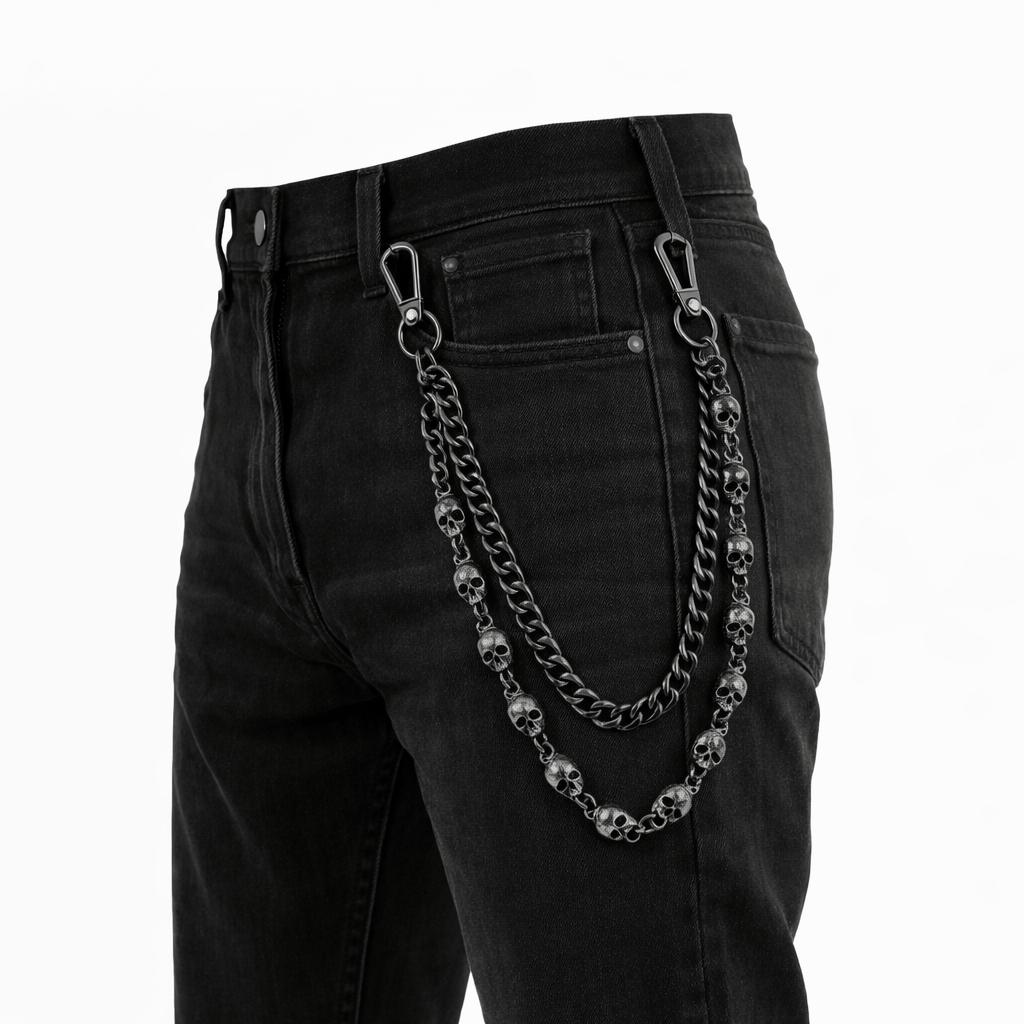 Jewelry Essentials Skull x Cuban Double Pant Chain (Black) BKC-159BK