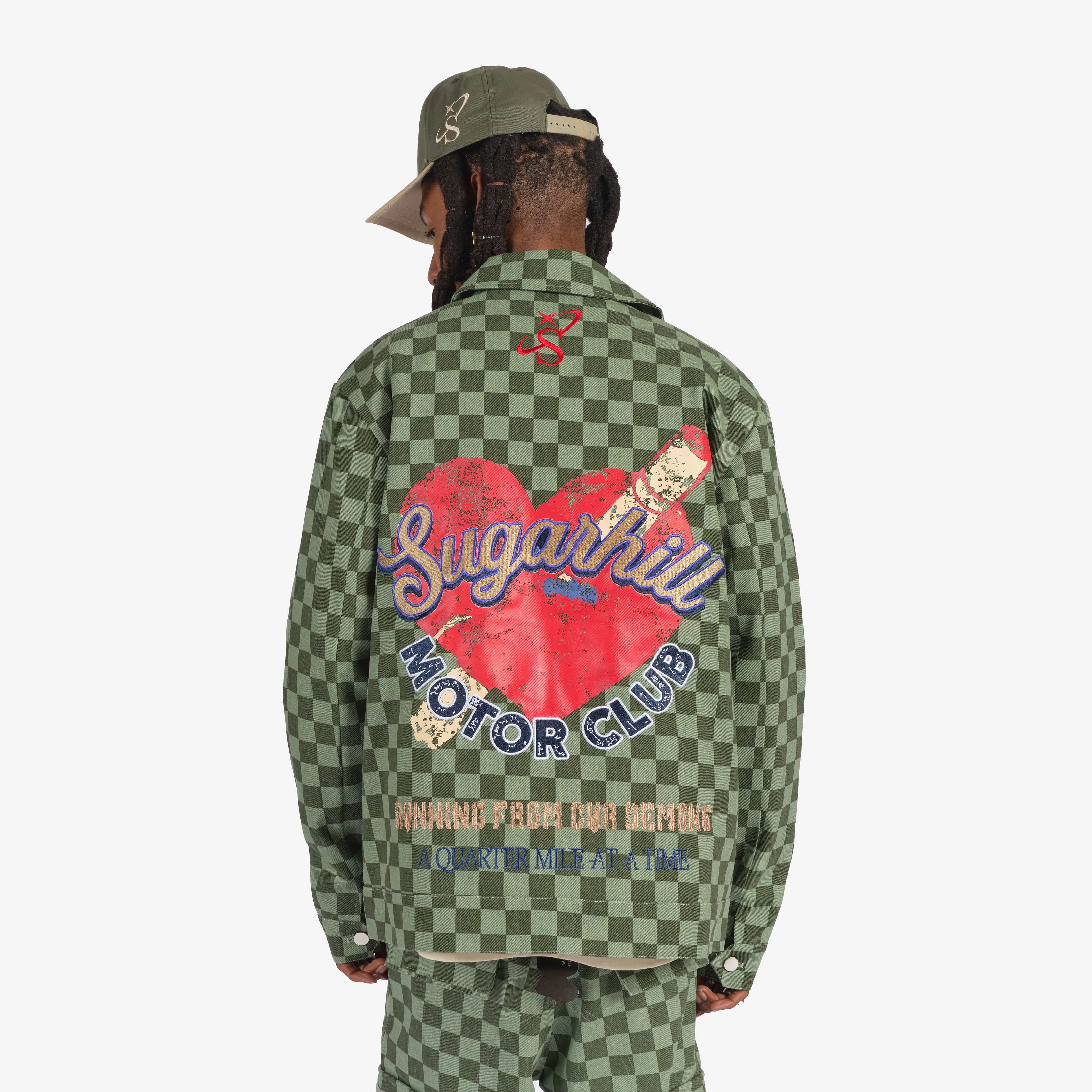 "Motor Club" Denim Trucker Jacket (green checker)