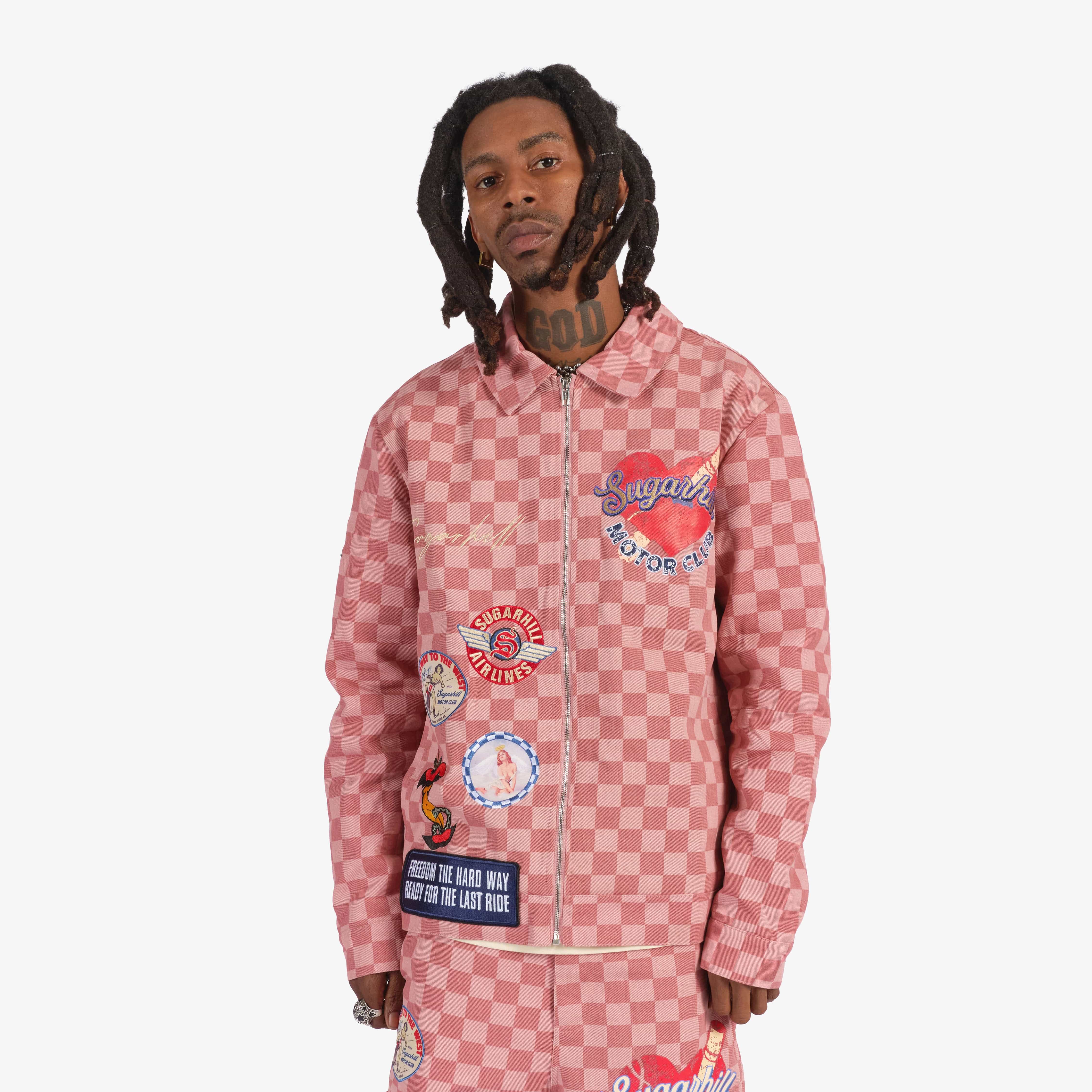 "Motor Club" Denim Trucker Jacket (red checker)