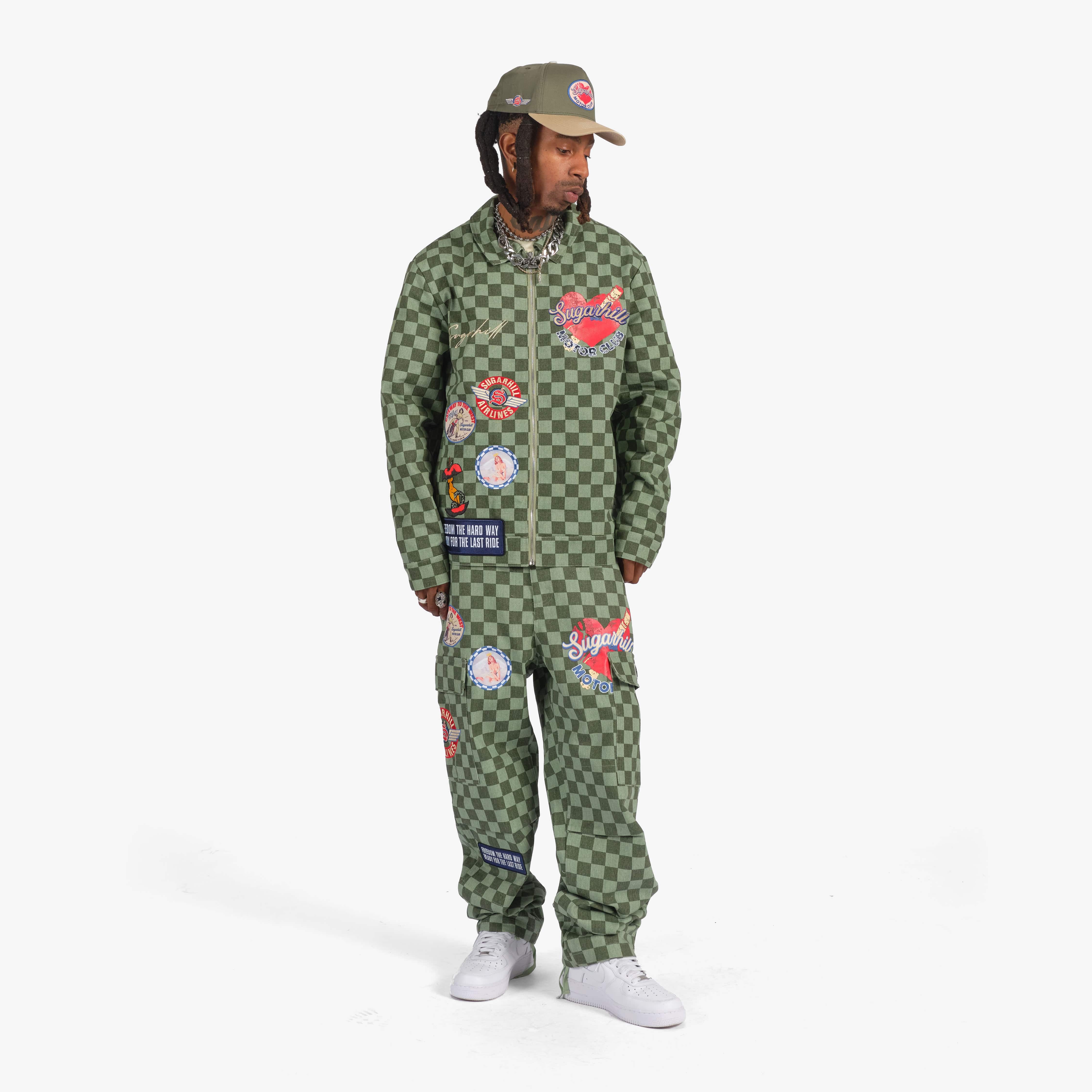 "Motor Club" Denim Trucker Jacket (green checker)