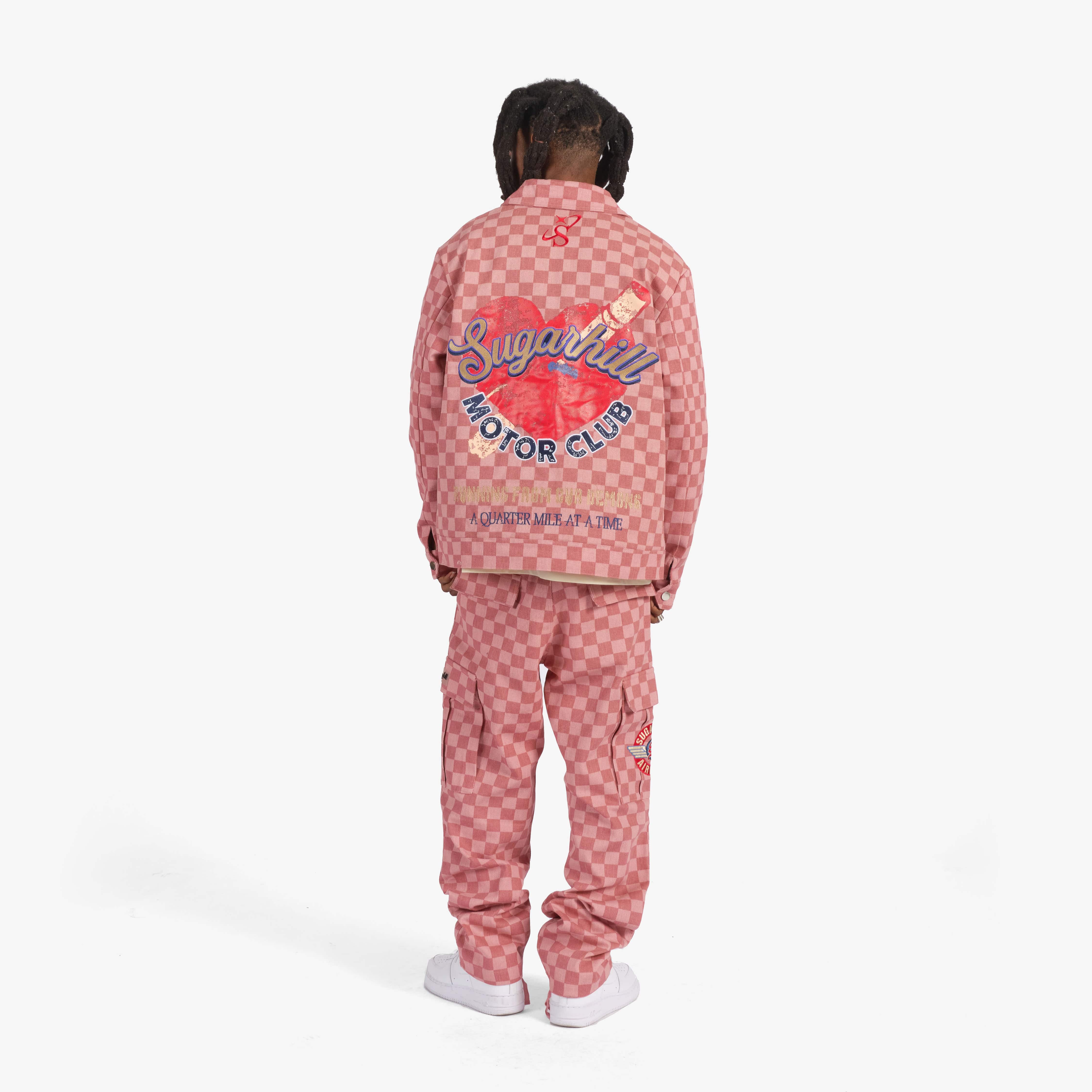 "Motor Club" Denim Trucker Jacket (red checker)