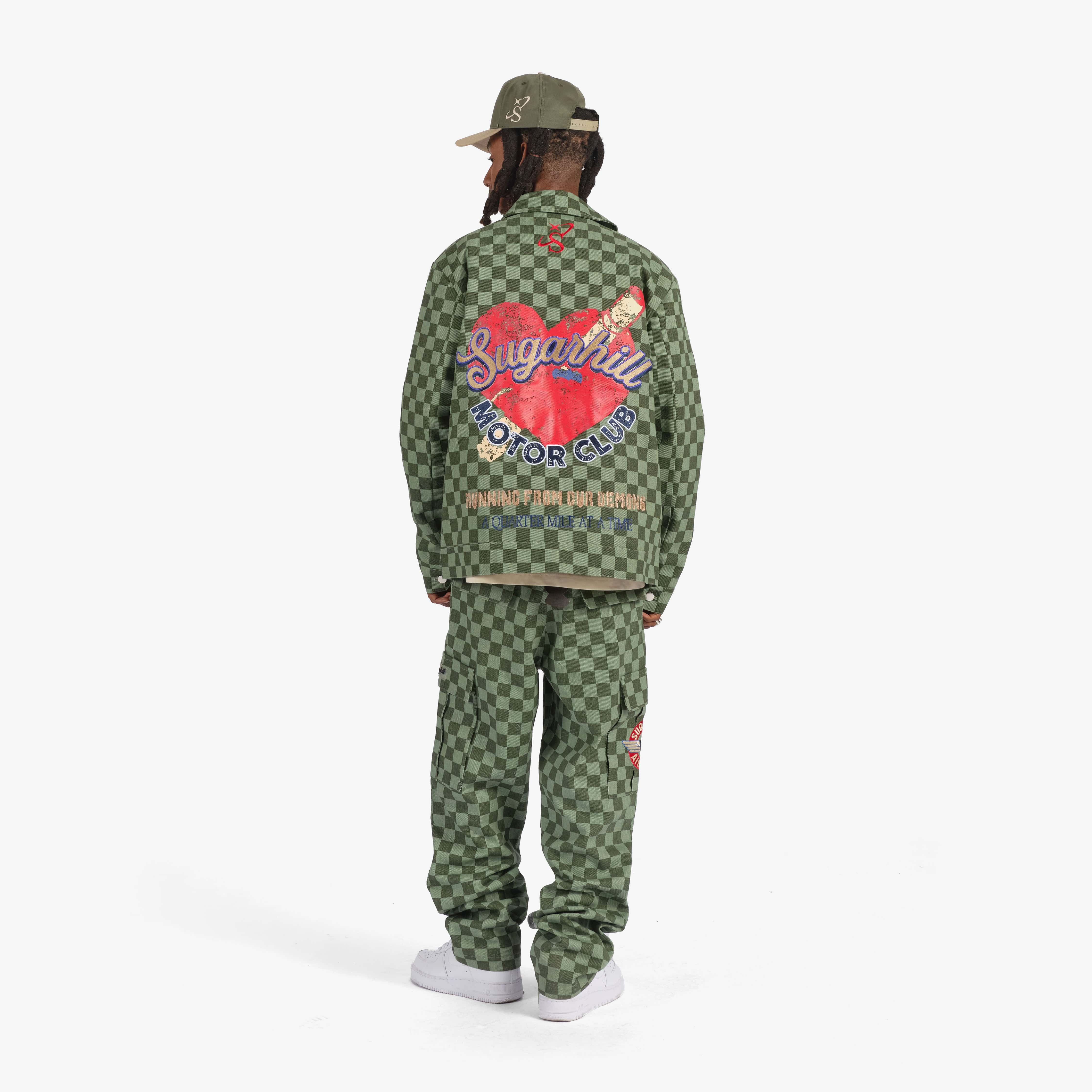 "Motor Club" Denim Trucker Jacket (green checker)