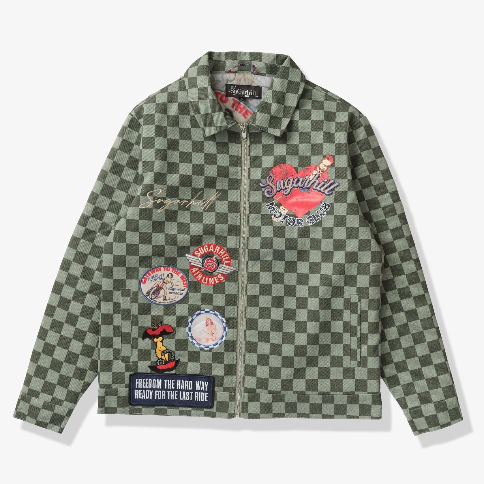 "Motor Club" Denim Trucker Jacket (green checker)