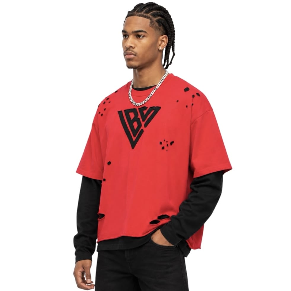 Valabasas Distressed Layered Long Sleeve Tee (Red) VLBS-VCR1-1016