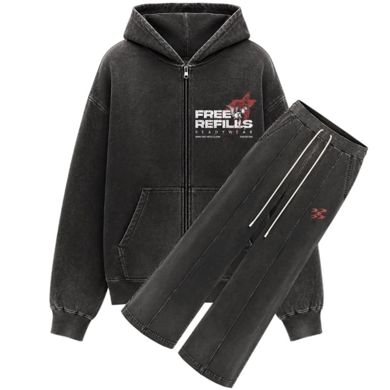 Free Refills Sunday Service Zip Up Hoodie & Flare Sweatpants Set (Black)