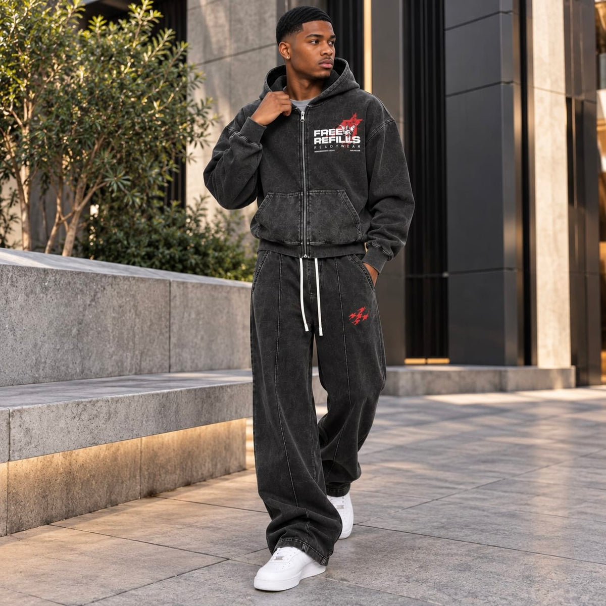 Free Refills Sunday Service Zip Up Hoodie & Flare Sweatpants Set (Black)