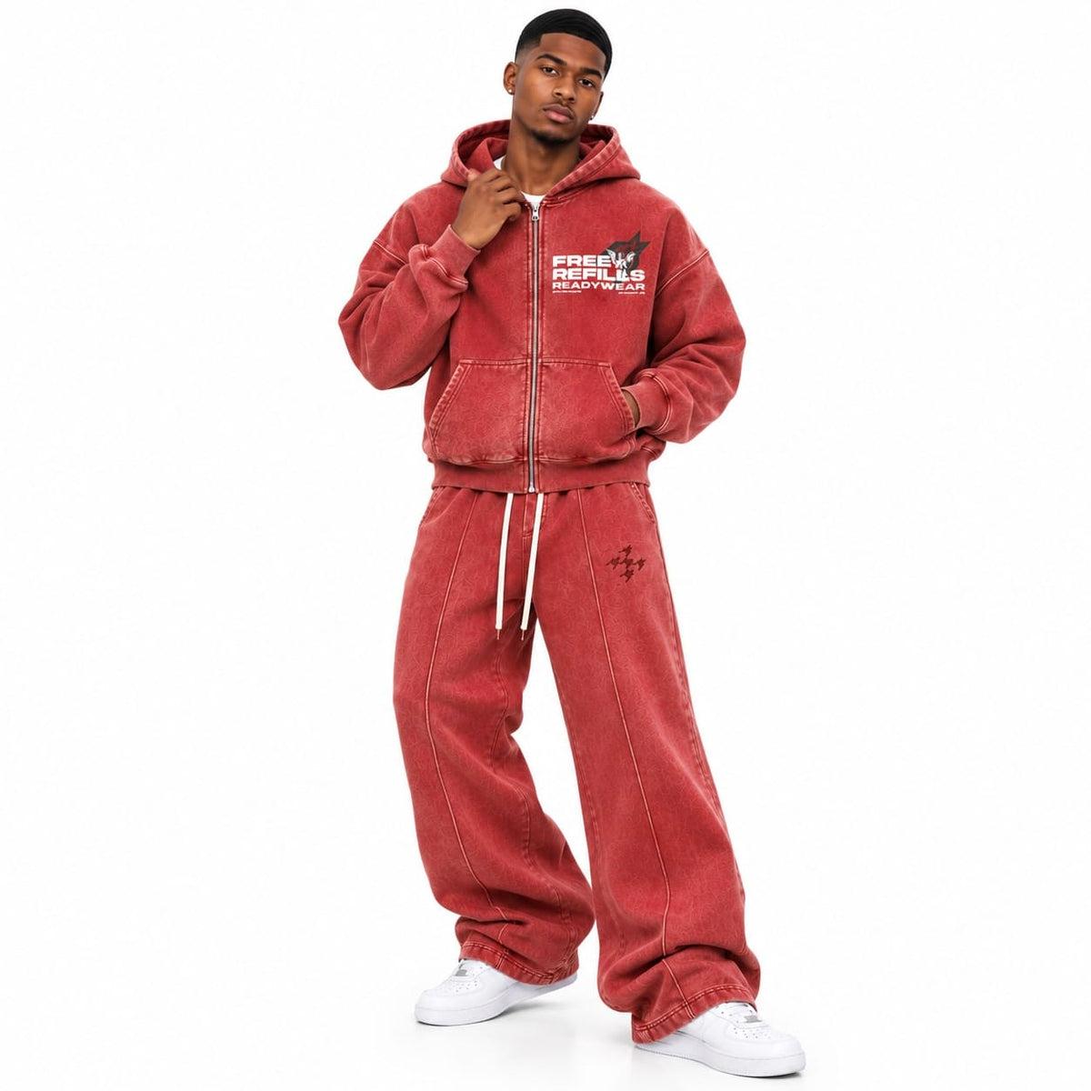 Free Refills Sunday Service Zip Up Hoodie & Flare Sweatpants Set (Red)