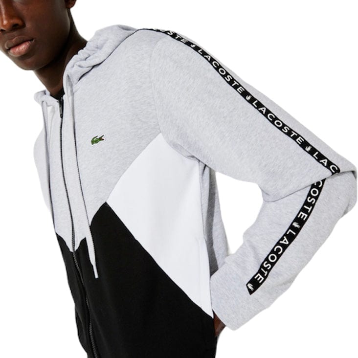 Lacoste Hooded Colorblock Lettered Fleece Zip Sweatshirt (Grey) SH6905