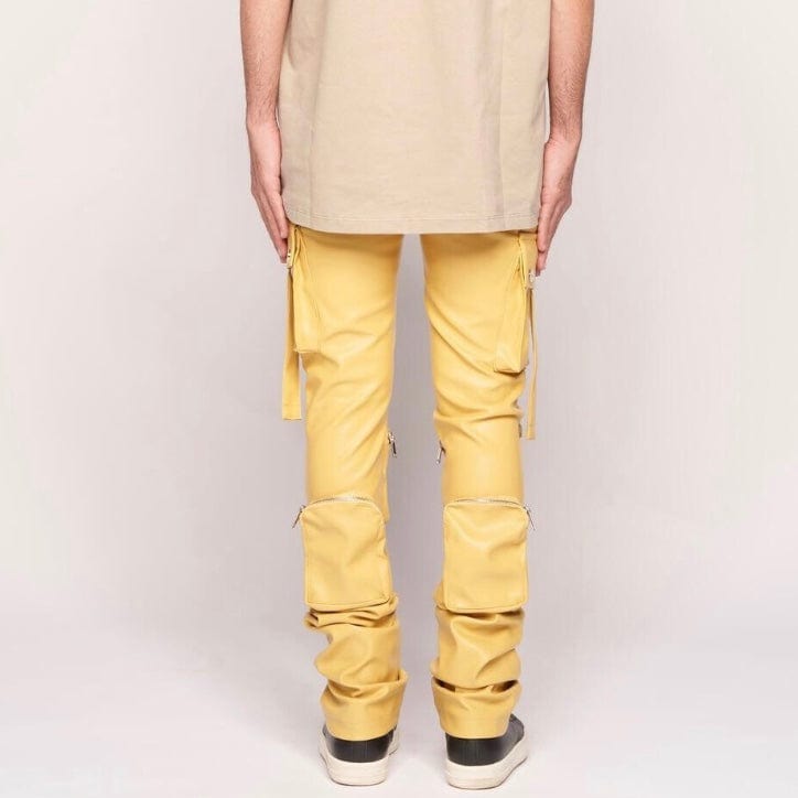 Pheelings Never Look Back Cargo Flare Stack Leather Pants (Wheat Yellow)
