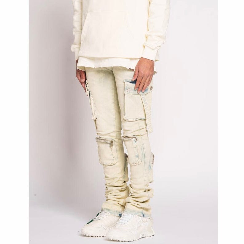 Pheelings Never Look Back Cargo Flare Stack Denim (Blue Acid Wash)