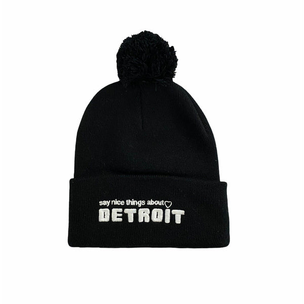 Ink Detroit Say Nice Things About Detroit Pom Pom Beanie (Black)