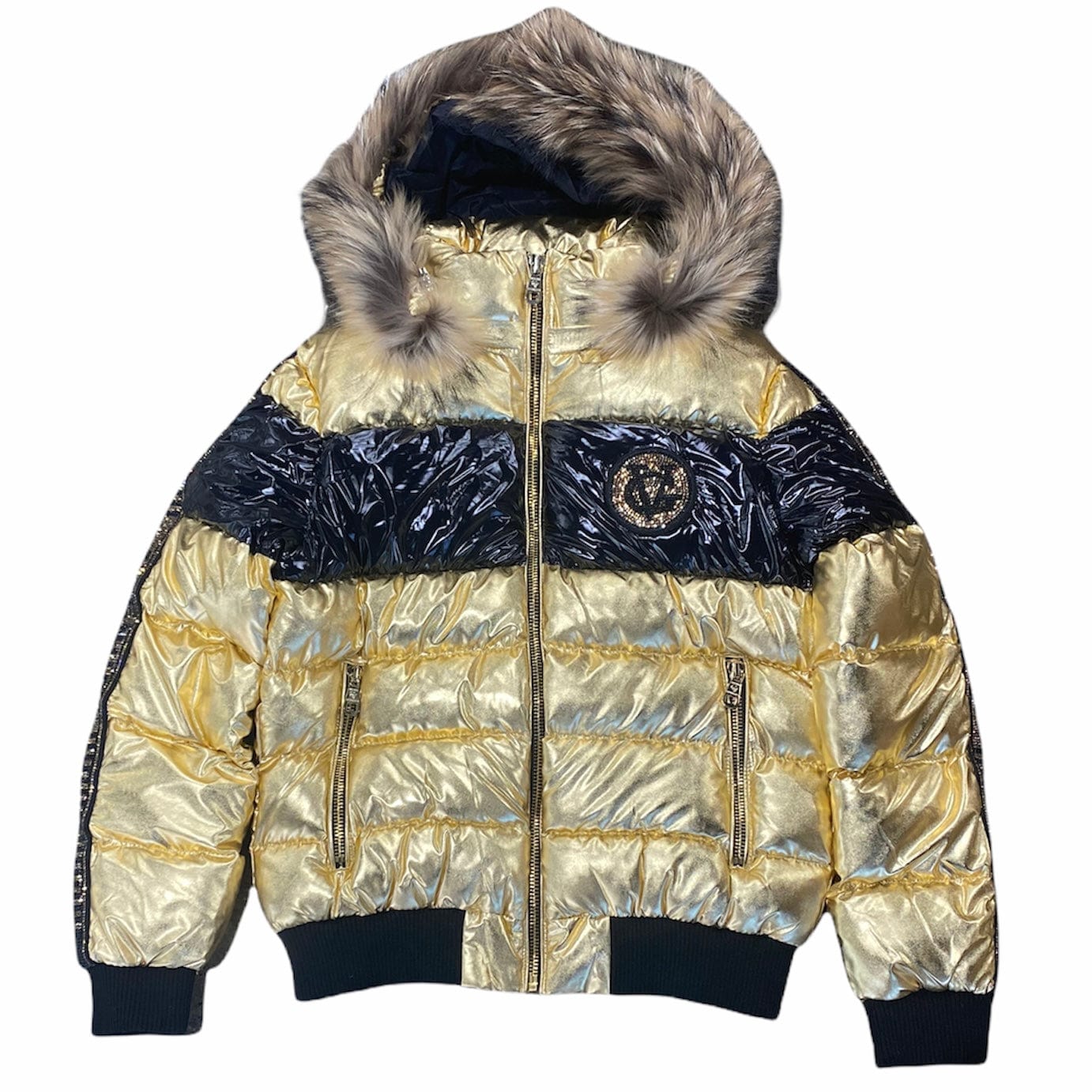 George V Rhinestone Puff Fur Coat (Gold/Black) GV-9563