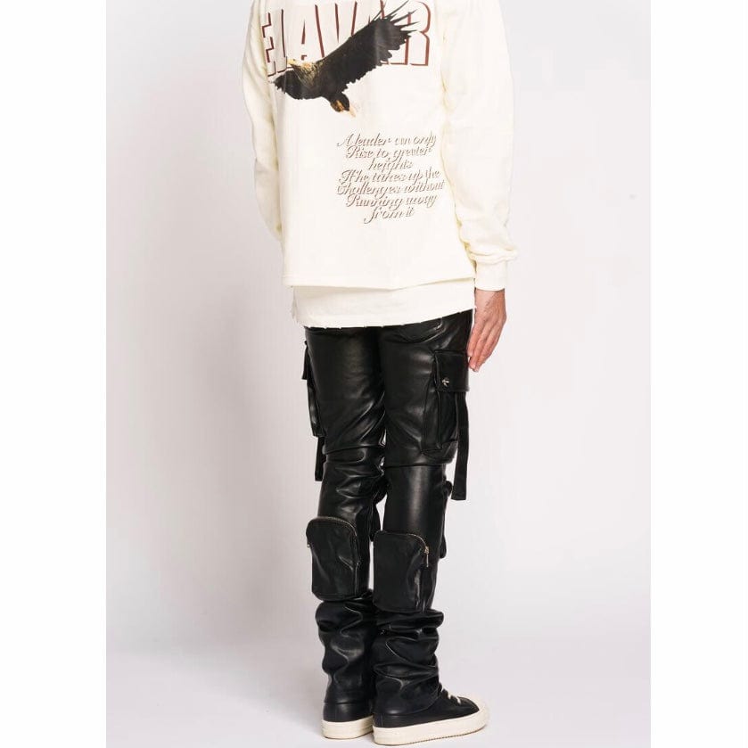Pheelings Never Look Back Cargo Flare Stack Leather Pants (Black)