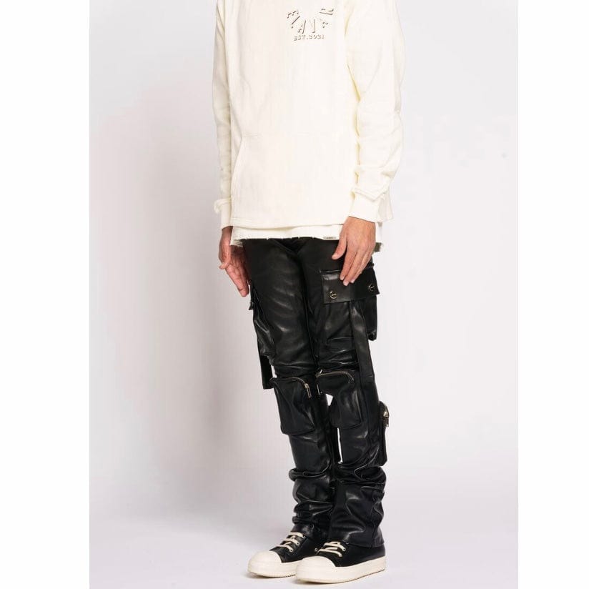 Pheelings Never Look Back Cargo Flare Stack Leather Pants (Black)