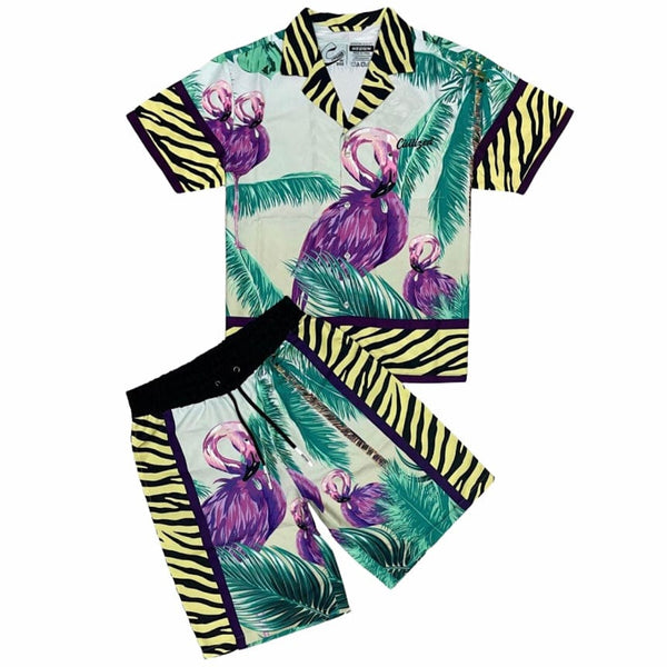 Civilized Flamingo Button Down Shirt & Short Set (Yellow) CV1447-1448