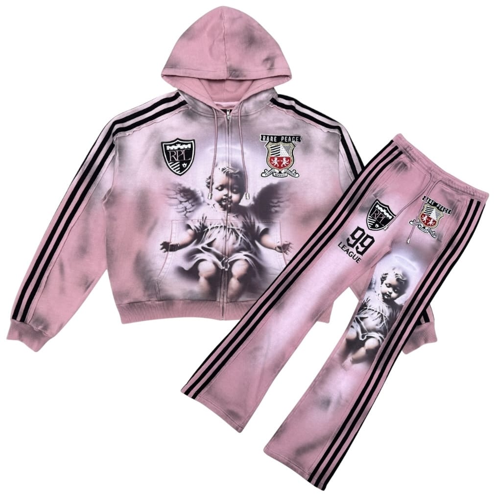 Rare Peace Cut & Sew Zip Hoodie & Jogger W/ Patches Set (Dust Pink)