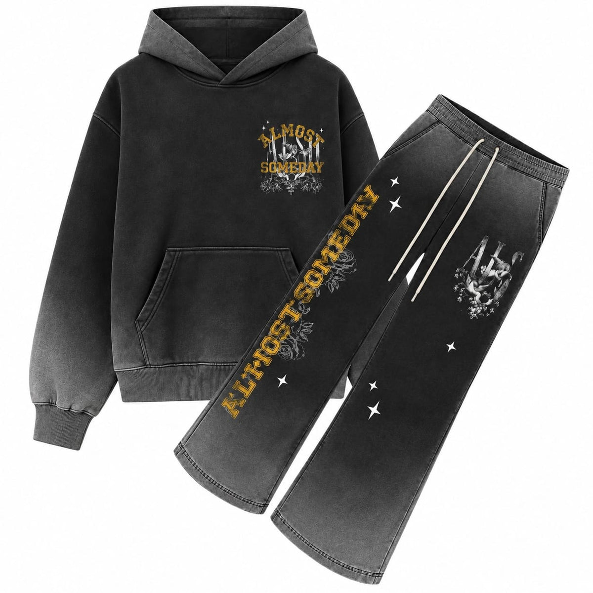 Almost Someday League Hoodie & Flare Sweatpants Set (Black)
