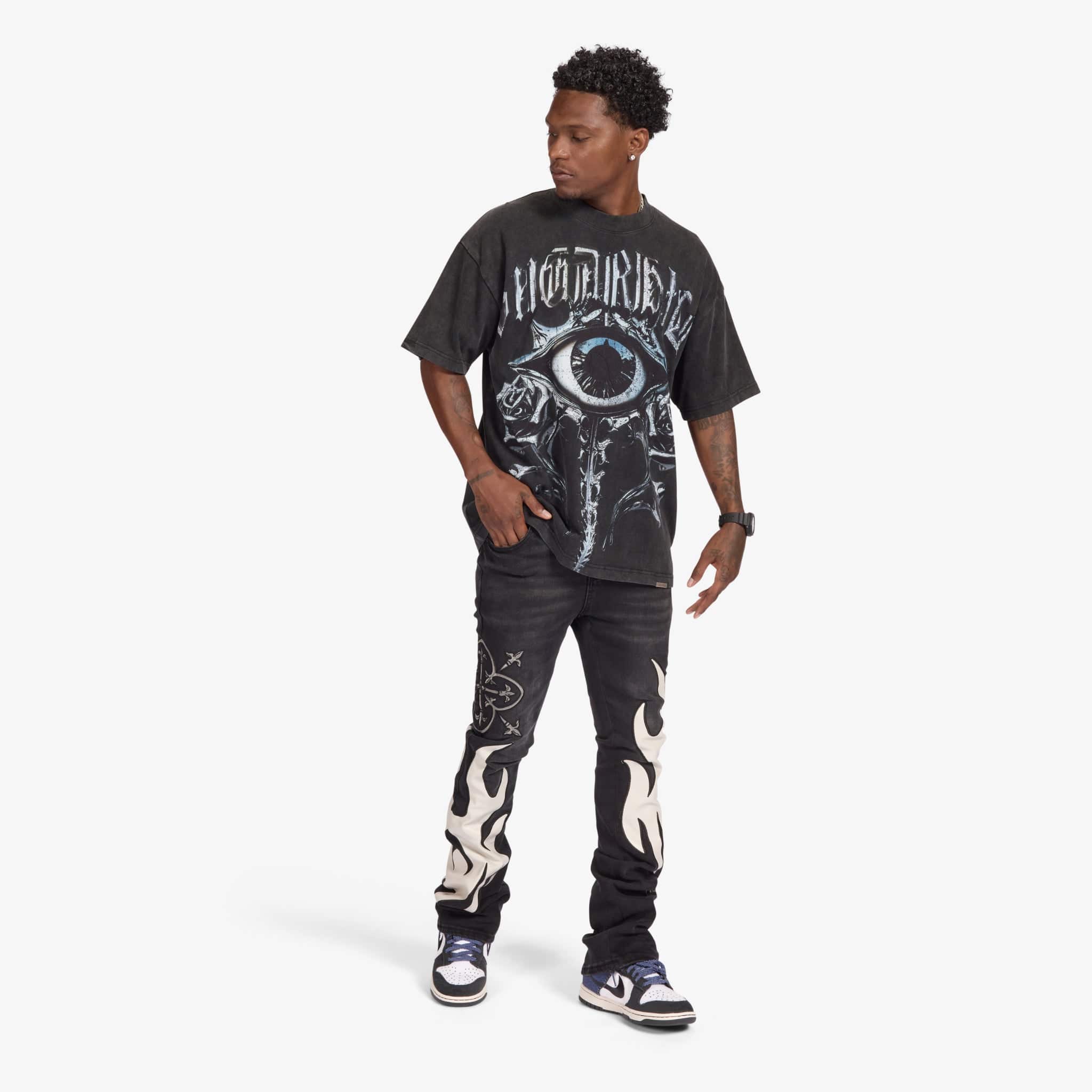 "Liver" Stacked Jeans (black/gray leather)