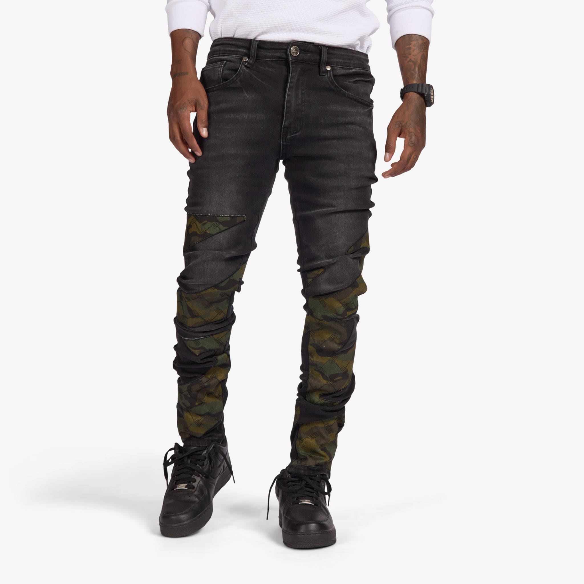 "Sabotage" Skinny Jeans (black/camo scrunch)