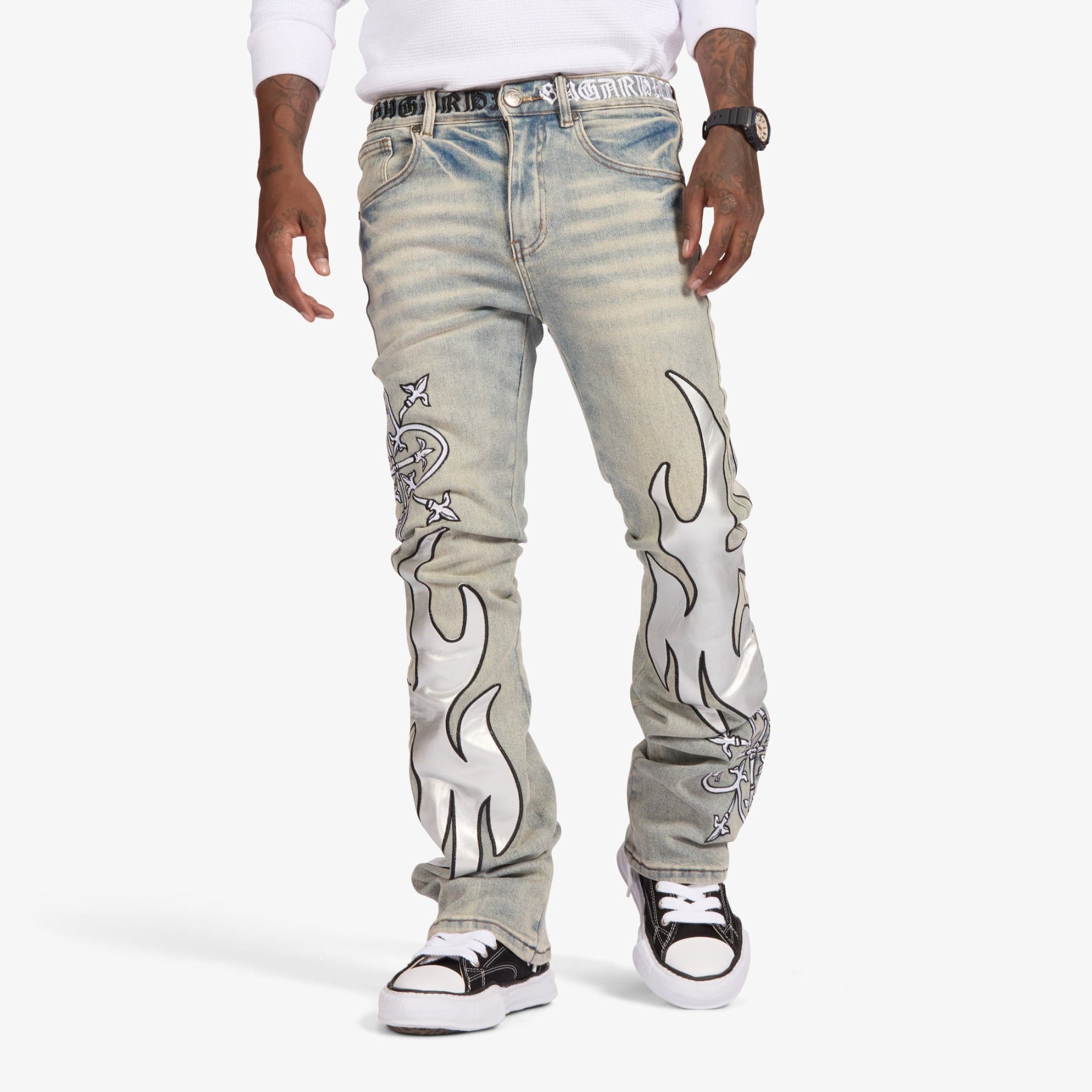 "Liver" Stacked Jeans (stone/white leather)