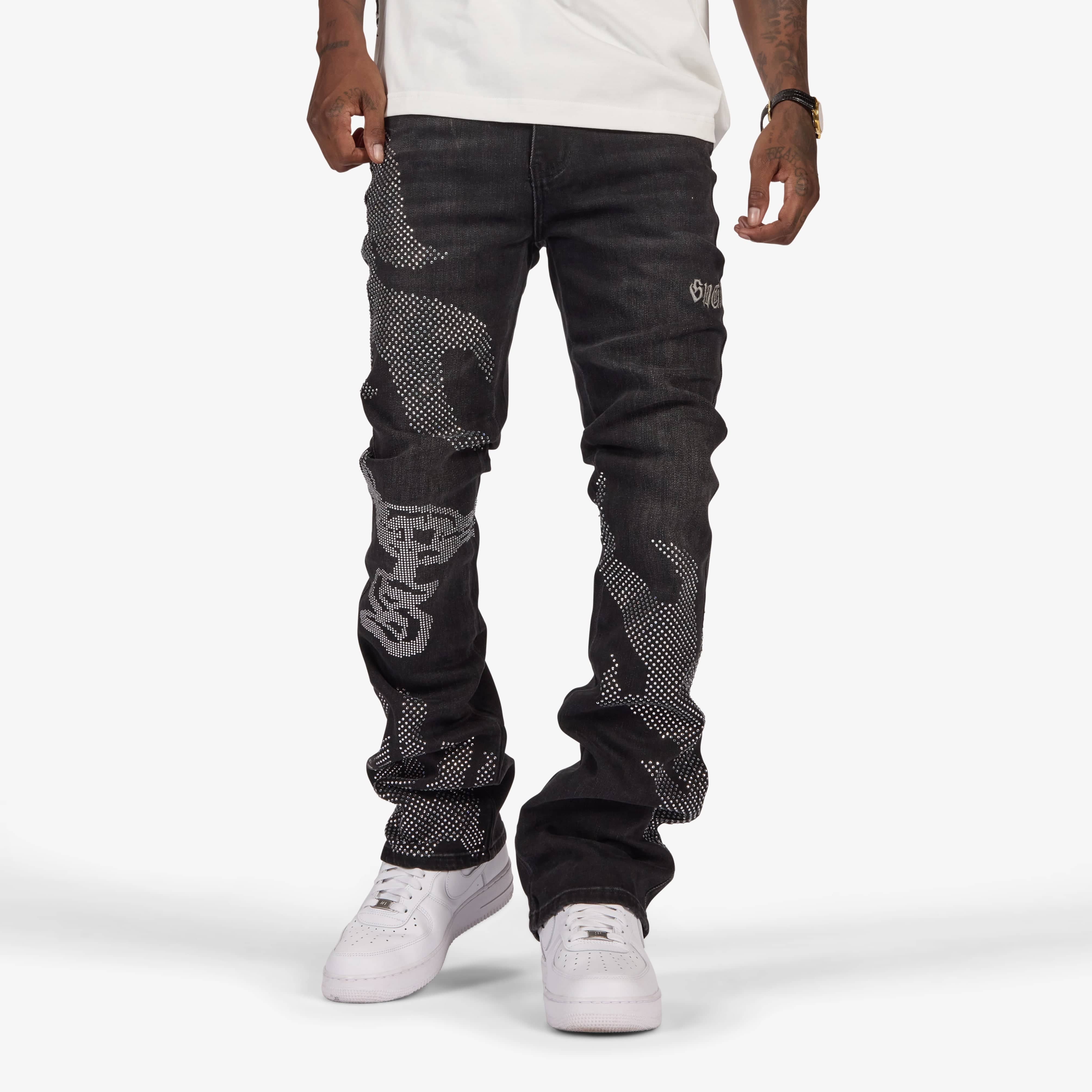 "Burn Pit" Rhinestone Stacked Jeans (black)