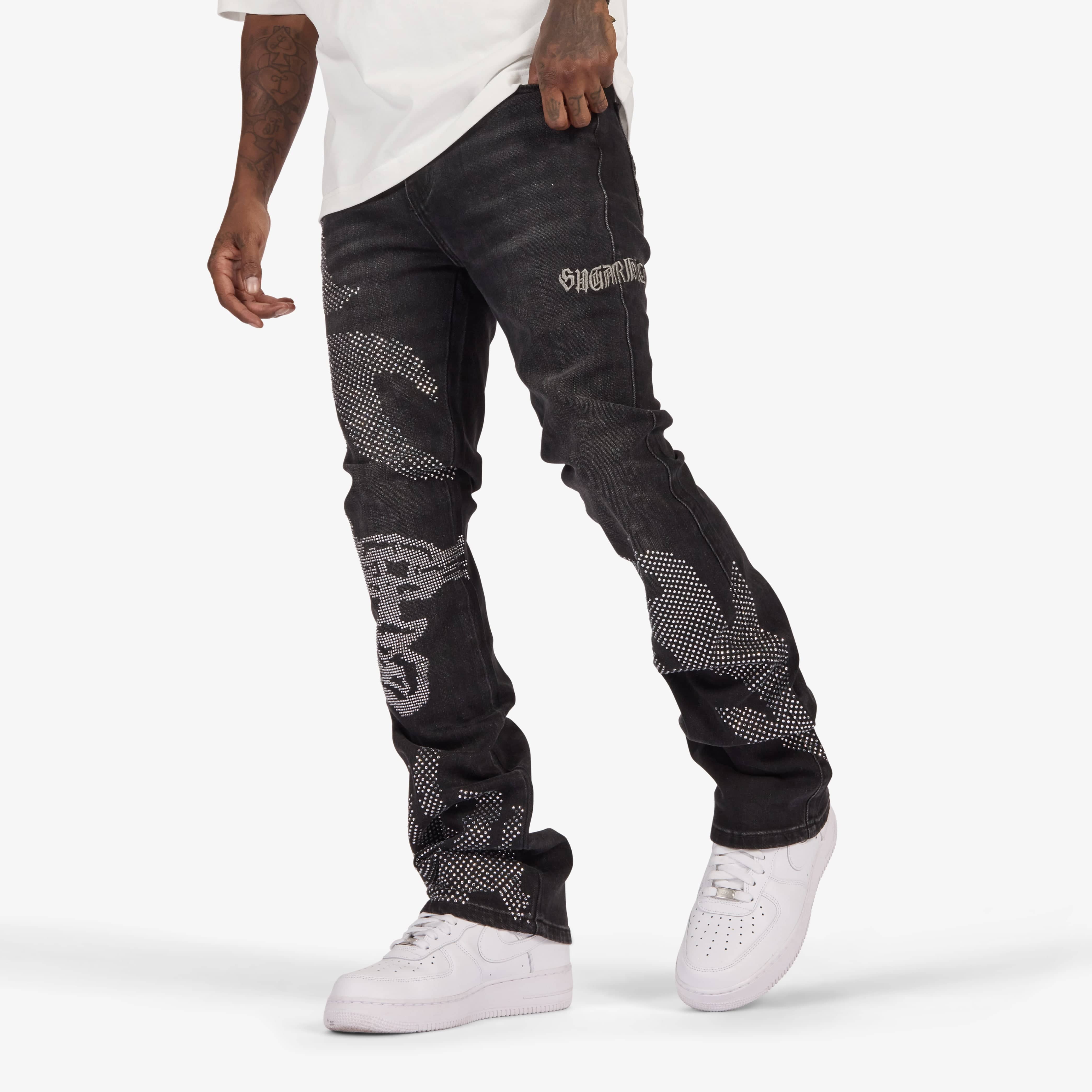 "Burn Pit" Rhinestone Stacked Jeans (black)