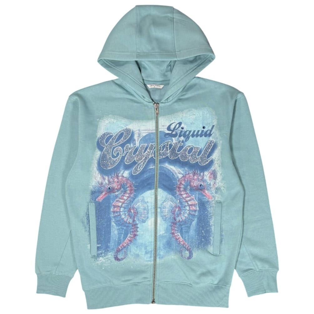 Liquid Crystals Rhinestone Seahorse Zip Up Hoodie (Aqua) 8643H
